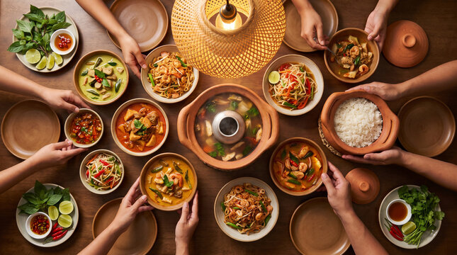 Overhead Thai Family Dinner Table with Multiple Colorful Ceramic Dishes, Rattan Pendant Lamp and Hands Reaching for Food