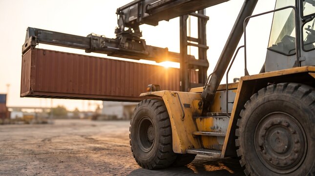 Close up of heavy industrial yellow top loader forklift lifting red cargo shipping container at commercial logistics yard terminal during golden sunset