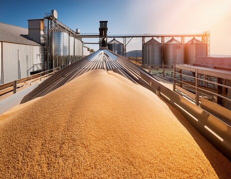 industrial grain processing facility with metal silos and conveyor belts transporting wheat for production efficiency