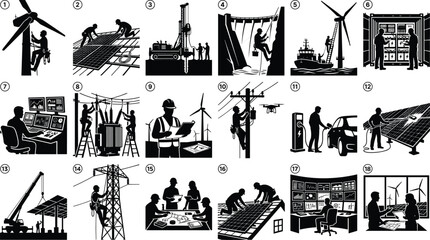 Obraz premium Renewable Energy Operations Silhouette Scene Set Solar Wind Power Infrastructure Vector