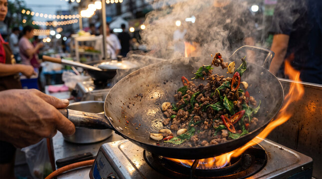 Thai Pad Kra Pao Holy Basil Stir-Fry in Smoking Wok over Open Flame at Night Market, Authentic Street Cooking