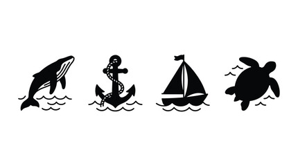 Whale Anchor Sailboat And Turtle Vector Illustration On White Background © Abdullah