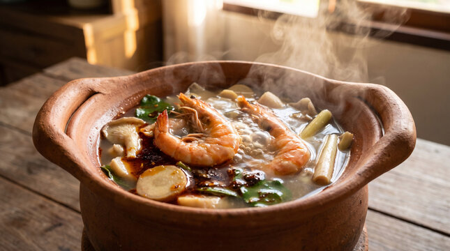 Authentic Thai Tom Yum Soup in Clay Pot with Plump Tiger Prawns, Lemongrass and Galangal, Steam Rising in Morning Light