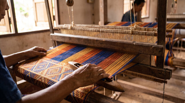 Thai Traditional Silk Loom Weaving in Progress, Artisan Hands Guiding Shuttle Through Colorful Silk Threads in Wooden Workshop
