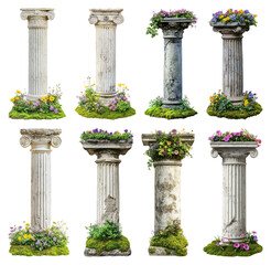 Obraz premium PNG Ancient columns adorned with flowers on transparent background
