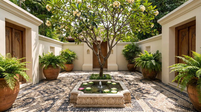 Traditional Thai Walled Courtyard Garden with Frangipani Tree, Mosaic Pebble Floor and Stone Fountain with Floating Lotus