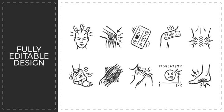 Sickness symptoms and headache pain hand drawn doodle icons for medical awareness flu treatment and professional healthcare education graphics set