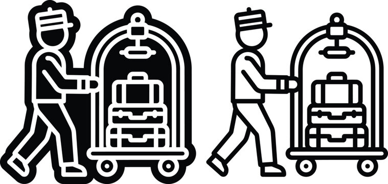 Hotel bellhop with luggage cart vector icons hotelier illustration employee suitcases pictogram