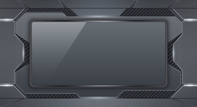 Futuristic dark metallic glossy screen frame. The high tech interface design incorporates carbon fiber textures