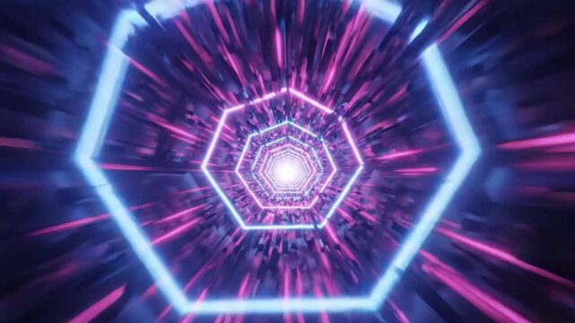 Abstract neon geometric tunnel with glowing pink and purple light effects