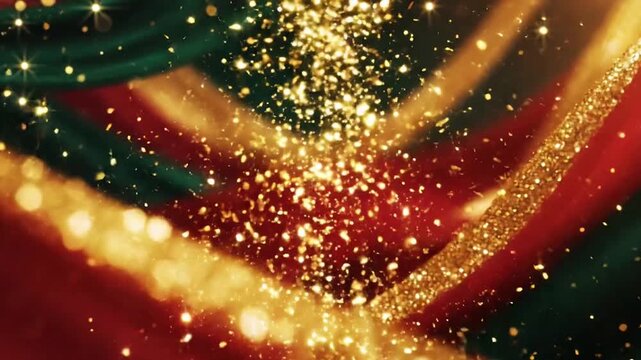 Abstract wavy red green and gold ribbons with glittering particles ribbon