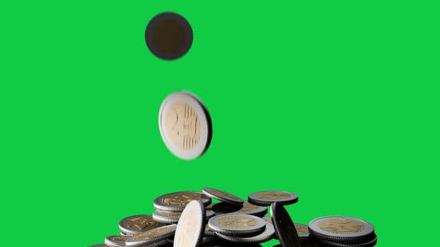 Left coin starting bimetal coins falling rotating settling as spread pile on transparent background