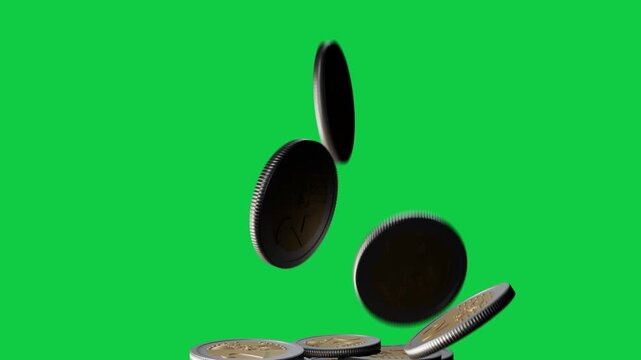 Two-toned coins dropping from top, rotating and colliding, forming low pile on transparent backdrop
