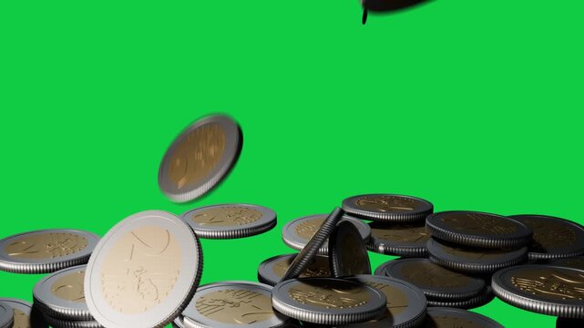 Bimetallic coins falling from top, flipping and colliding, reshaping pile on transparent backdrop