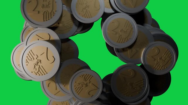 Pile of two-tone coins rotating after nudge, reforming ring to settle on transparent void