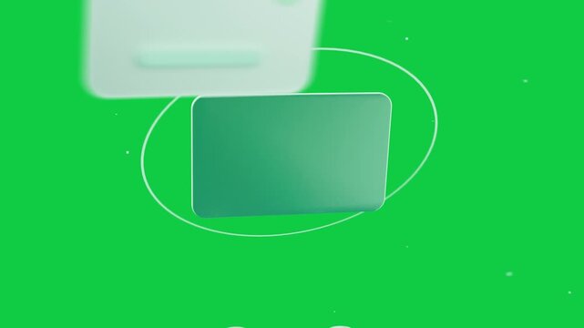 Mint card rotating, ring orbiting, glowing orb entering, blurring, revealing lens on transparent bg