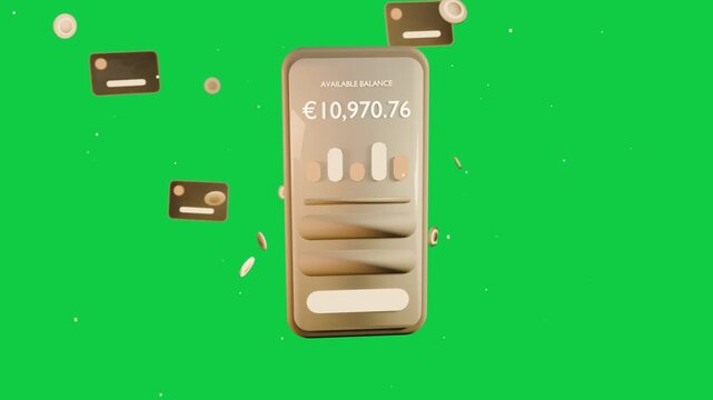 3D phone rotating on start coins orbiting UI showing &euro;10,970