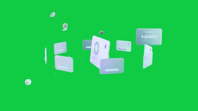 Appearing UI card starting orbiting cards, coins on transparent canvas, showing 4 linked accounts