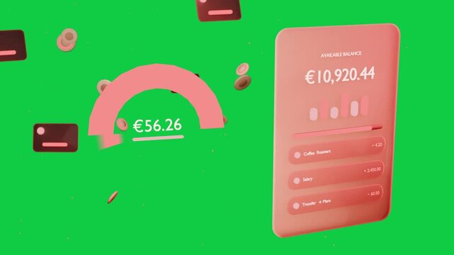 Account card entering right, ring filling, coins orbiting, displaying balance on transparent bg