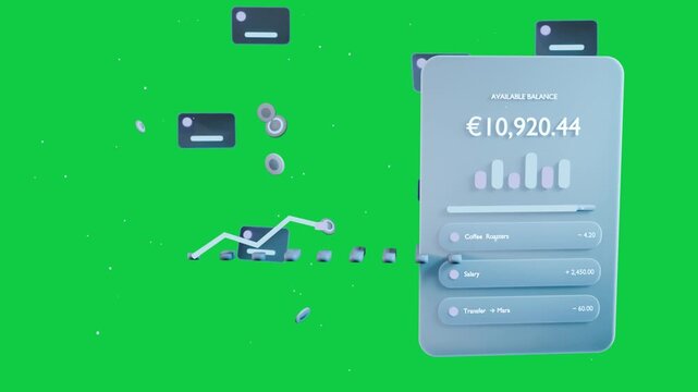 Card moving right, tokens drifting, line chart rising, updating balance &euro;10,920