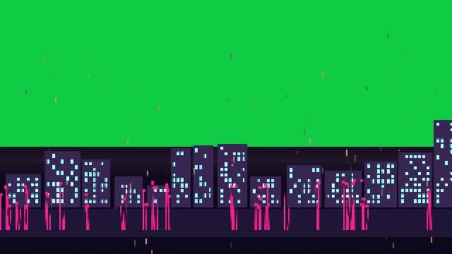 Pan starting skyline scrolling, magenta pillars shifting to reveal cyan-lit buildings on alpha bg