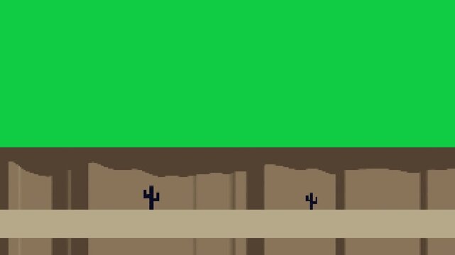 On play, transparent canyon scrolling leftward, shifting cacti and layered rocks for game backdrop