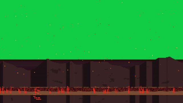 Camera pan starting rock strip scrolling, spikes and sparks drifting, making looping transparent bg