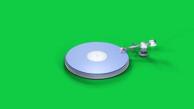 Glow sparking tonearm lowering, blue vinyl spinning, trail forming, showing sound on transparent