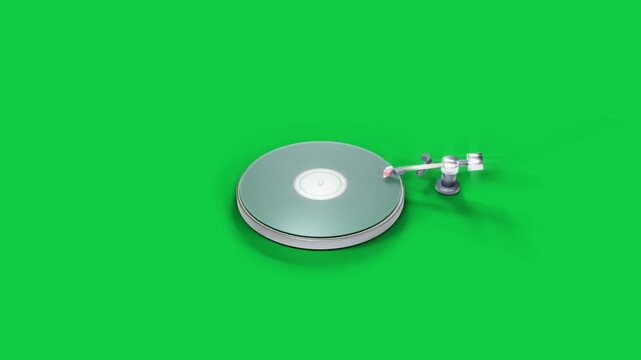 Power on mint disc spinning, tonearm tracking inward, zooming out on transparent bg showing setup