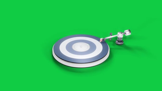 Arm appearing, lowering stylus onto spinning blue-ring platter on transparent backdrop for playback