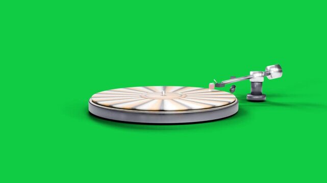 Lit turntable rotating on transparent background, tonearm sliding from right-edge, showcasing props