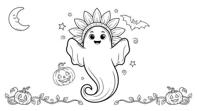 Cute ghost wearing a sunflower crown with pumpkins and moon isolated on a transparent background