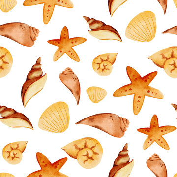 Watercolor seamless pattern with starfish and seashells on white background