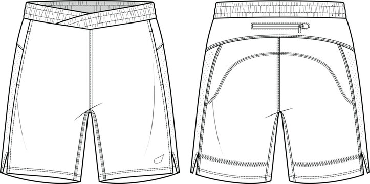 Technical flat sketch of modern crossover waistband shorts with decorative hem detail, back zip pocket, and curved seam design