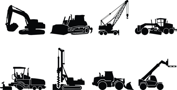 Vector silhouettes of heavy construction machinery with dripping graffiti effect including excavator, bulldozer, crane truck, grader, roller, pile driver, loader, and telehandler