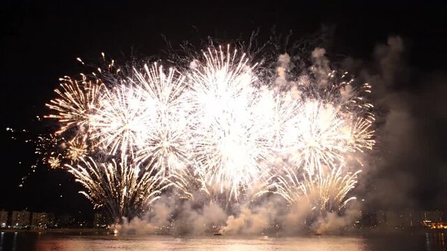 Large colorful fireworks exploding in dark night sky over calm waterfront
