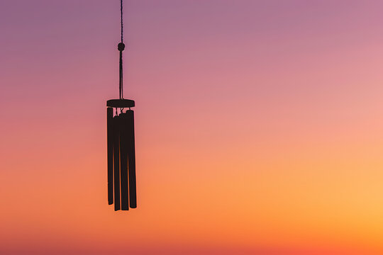 Silhouette of a wind chime hanging against a sunset sky