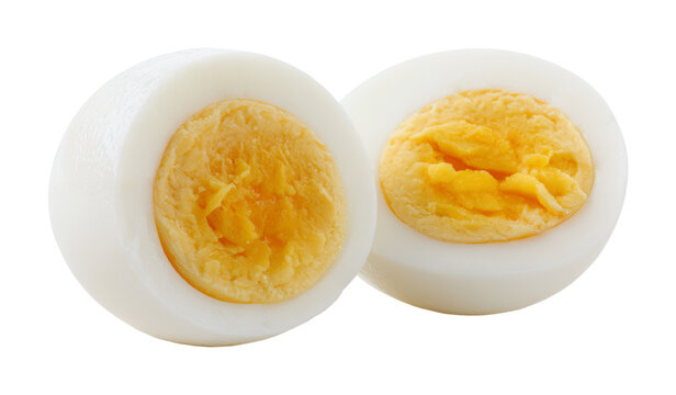 Halved hard-boiled egg with visible yolk and white texture isolated on transparent background