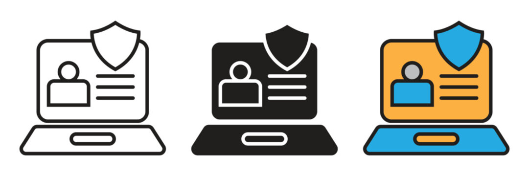 Secure Laptop Login and Profile Protection Icon Set. Laptop screen displaying a user avatar and protective shield, illustrating cyber security, profile privacy, and secure account access.