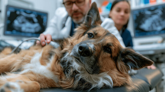 Veterinarian pressing an ultrasound probe against the abdomen of a sedated mixed-breed dog on a padded exam table while a technician monitors a grayscale diagnostic image displayed on a cart-mounted
