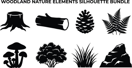 Woodland nature elements silhouette bundle featuring tree stump log pinecone fern mushroom bush grass and rock icons © Mst Farida