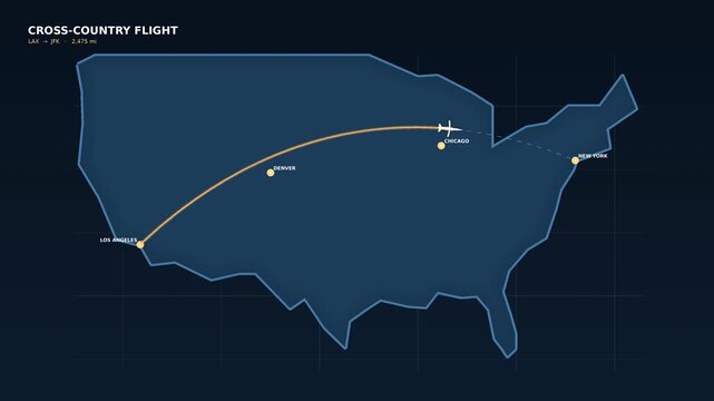 Cross-Country Flight Tracker Map showing Airplane Route Across USA Map. Aviation Navigation UI Dashboard with Airplane Icon from Los Angeles to New York.