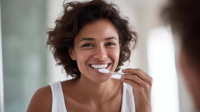 Mirror Reflection of Happy Woman Brushing Her Teeth