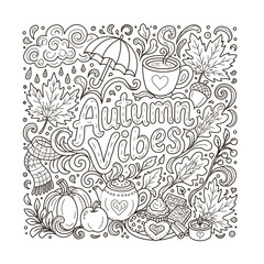 Fototapeta premium Autumn Vibes Doodle with Cozy Tea Treats, Maple Leaves and Rain Clouds – Hand Drawn Autumn Line Art, Transparent PNG.