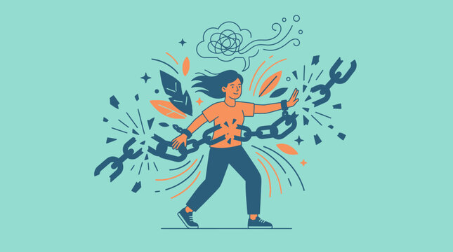 Empowered woman breaks free from oppressive chains, symbolizing mental liberation, overcoming challenges, and personal freedom from societal barriers or past struggles.