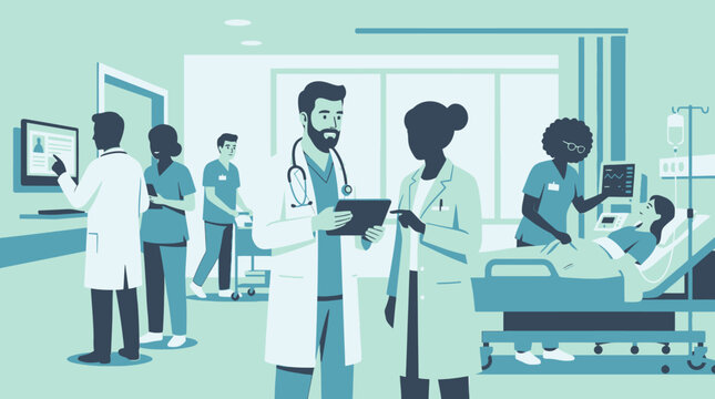 Modern hospital ward with diverse medical team providing patient care. Doctors and nurses working together in a contemporary clinic environment.