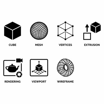 A collection of black and white icons illustrating fundamental concepts and tools in 3D modeling and computer graphics, including cube, mesh, vertices, extrusion, rendering, viewport, and wireframe.