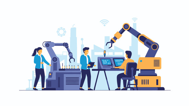 Industrial automation concept with robotic arms and engineers overseeing production on a factory floor.
