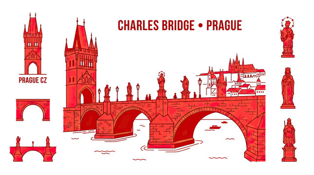 Charles Bridge Prague CZ - Iconic Landmark, Czech Republic, Red Line Art