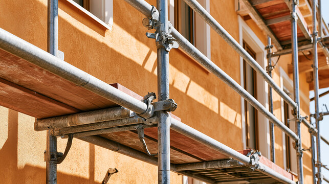 Construction scaffolding installed around residential building facade during exterior renovation and maintenance work